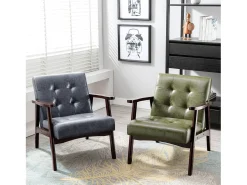 Sillón de madera sólida con diseño escandinavo moderno - gris de cuero natural hipoalergénico para sala de estar, oficina o dormitorio, dimensiones 67x76x76 cm
