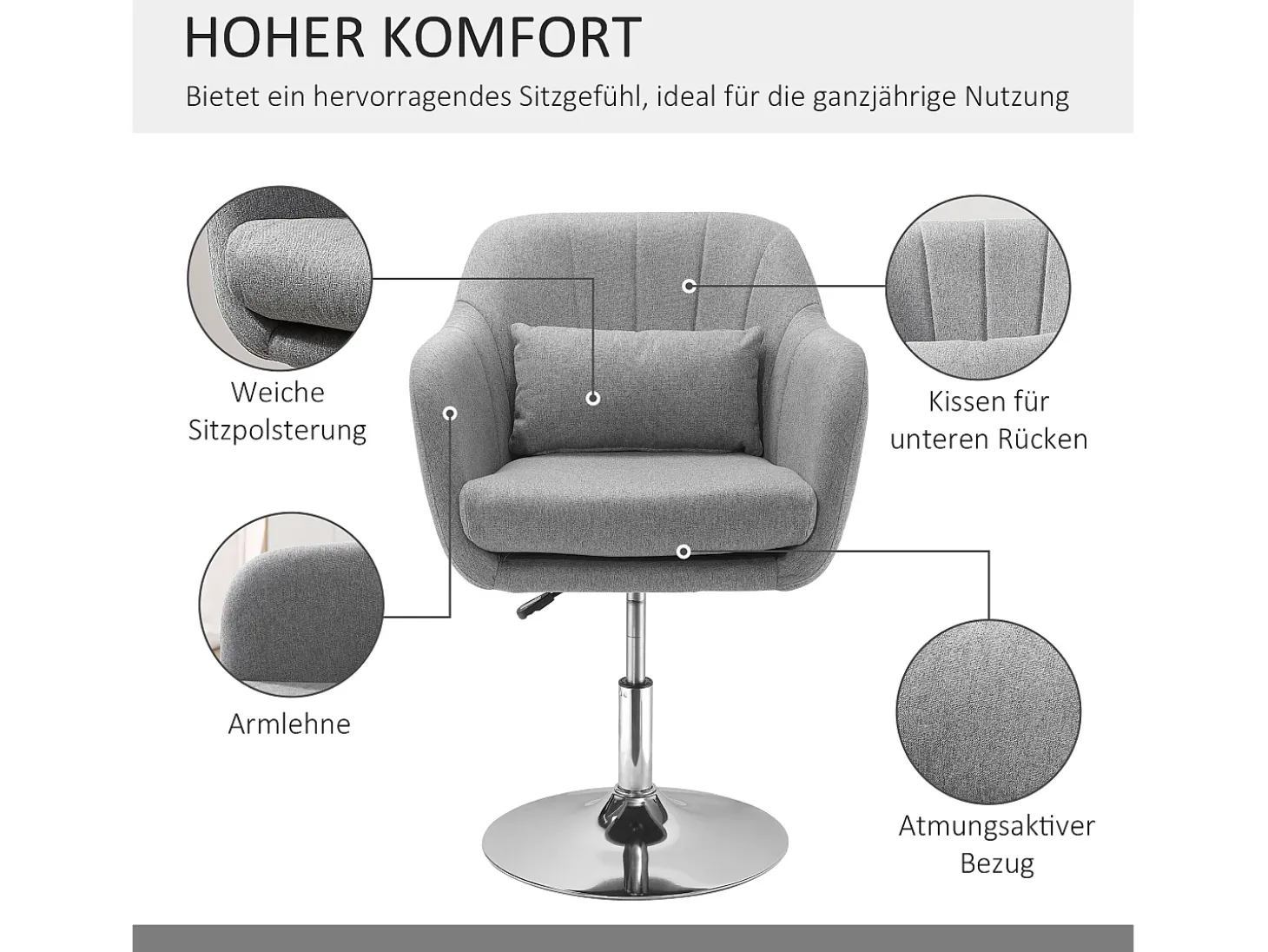 Sillón giratorio, regulable en altura, sillón decorativo de diseño retro, sillón reclinable con cojín de respaldo, lino, gris.