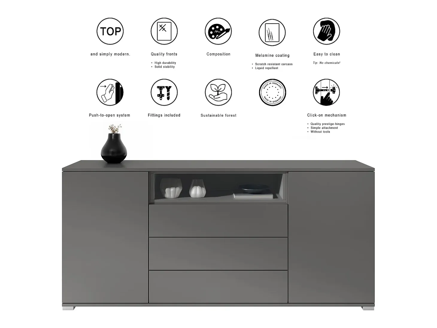 Skadu V4 Cajonera, Cómoda con 2 Puertas, 3 Cajones y 1 Compartimento abierto, antracita mate/blanco de alto brillo (166,5 x 75,5 x 35 cm)