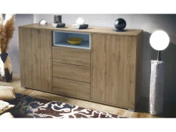 Skadu V2 Cajonera, Cómoda con 2 Puertas, 3 Cajones y 1 Compartimento abierto, Roble Evoke/mezclilla mate (138,5 x 75,5 x 35 cm)