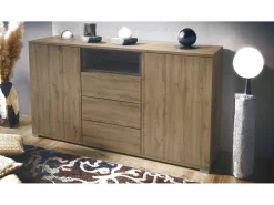 Skadu V2 Cajonera, Cómoda con 2 Puertas, 3 Cajones y 1 Compartimento abierto, Roble Evoke/gris de alto brillo (138,5 x 75,5 x 35 cm)