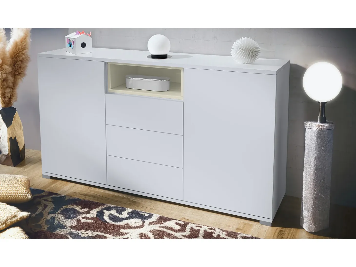Skadu V2 Cajonera, Cómoda con 2 Puertas, 3 Cajones y 1 Compartimento abierto, blanco mate/crema de alto brillo (138,5 x 75,5 x 35 cm)
