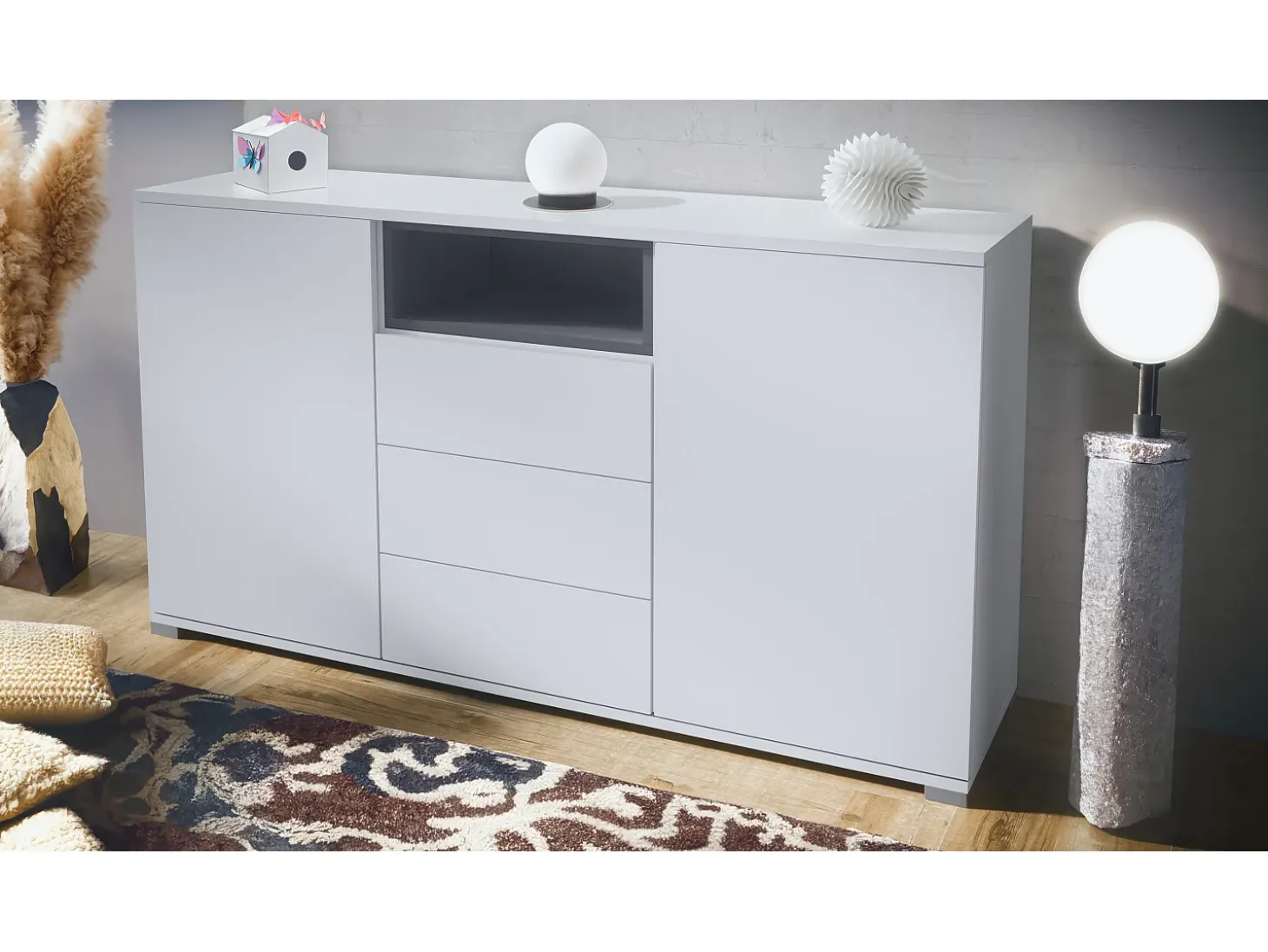 Skadu V2 Cajonera, Cómoda con 2 Puertas, 3 Cajones y 1 Compartimento abierto, blanco mate/antracita mate (138,5 x 75,5 x 35 cm)
