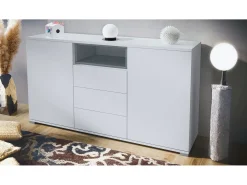 Skadu V2 Cajonera, Cómoda con 2 Puertas, 3 Cajones y 1 Compartimento abierto, blanco mate/gris de alto brillo (138,5 x 75,5 x 35 cm)