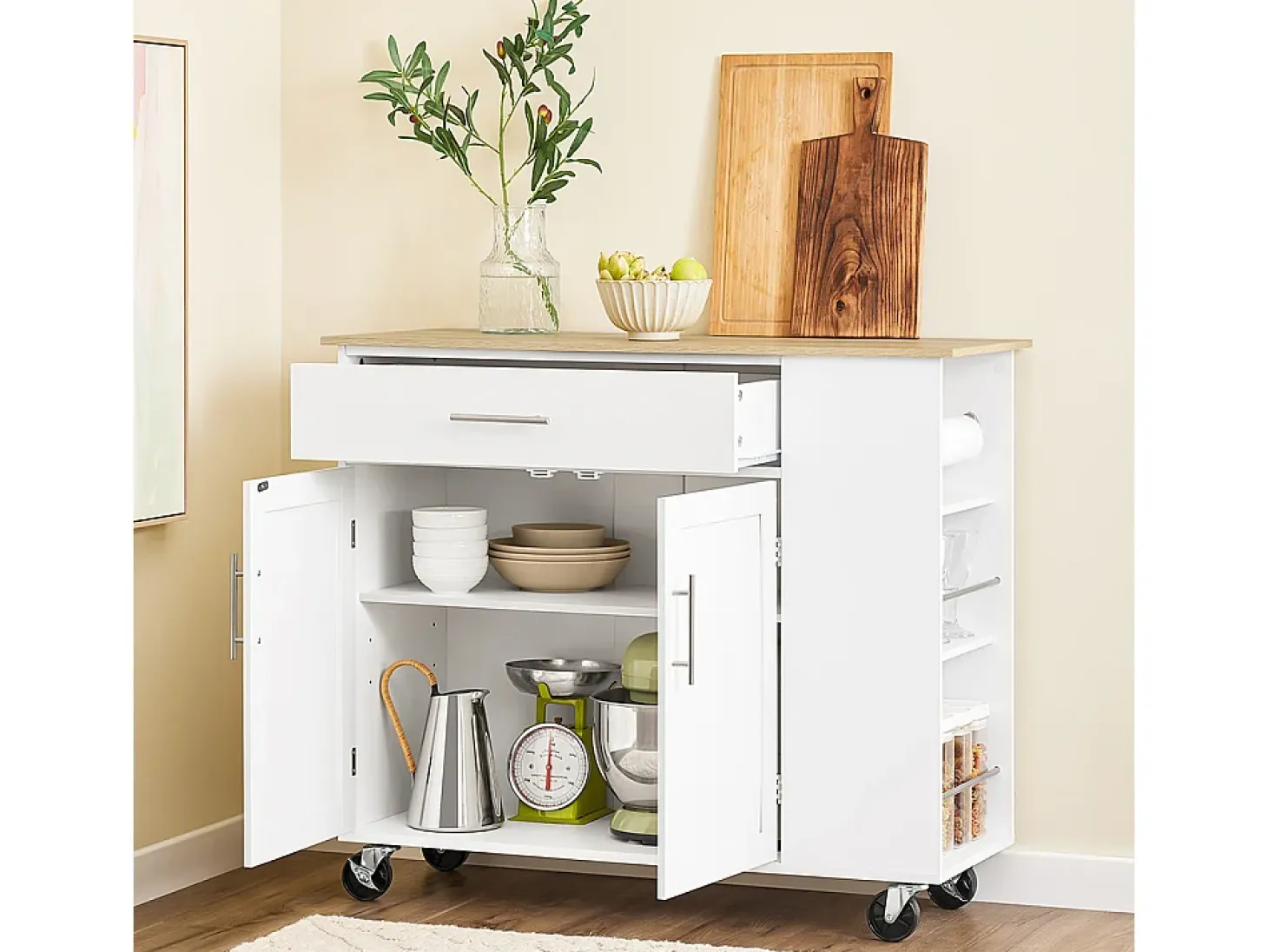 SoBuy Mueble Auxiliar de Cocina con Ruedas, Encimera, Cajón y Estantería