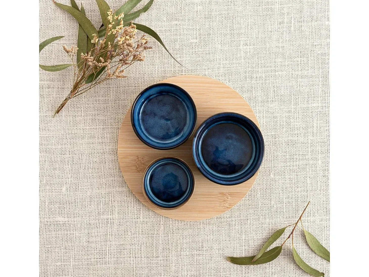 Tabla de aperitivo Moana Bidasoa 3 cuencos cerámica natural/azul
