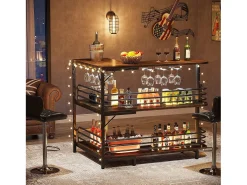 Tabla de bar en forma de L, Tabla de licor de 3 niveles de bistro con estantería para vinos y soporte para vasos de vino, Marrón rústico