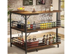 Tabla de bar en forma de L, Tabla de licor de 3 niveles de bistro con estantería para vinos y soporte para vasos de vino, Marrón rústico