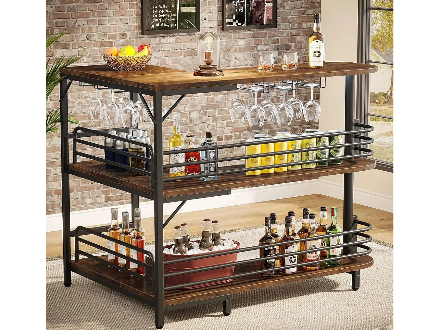 Tabla de bar en forma de L, Tabla de licor de 3 niveles de bistro con estantería para vinos y soporte para vasos de vino, Marrón rústico