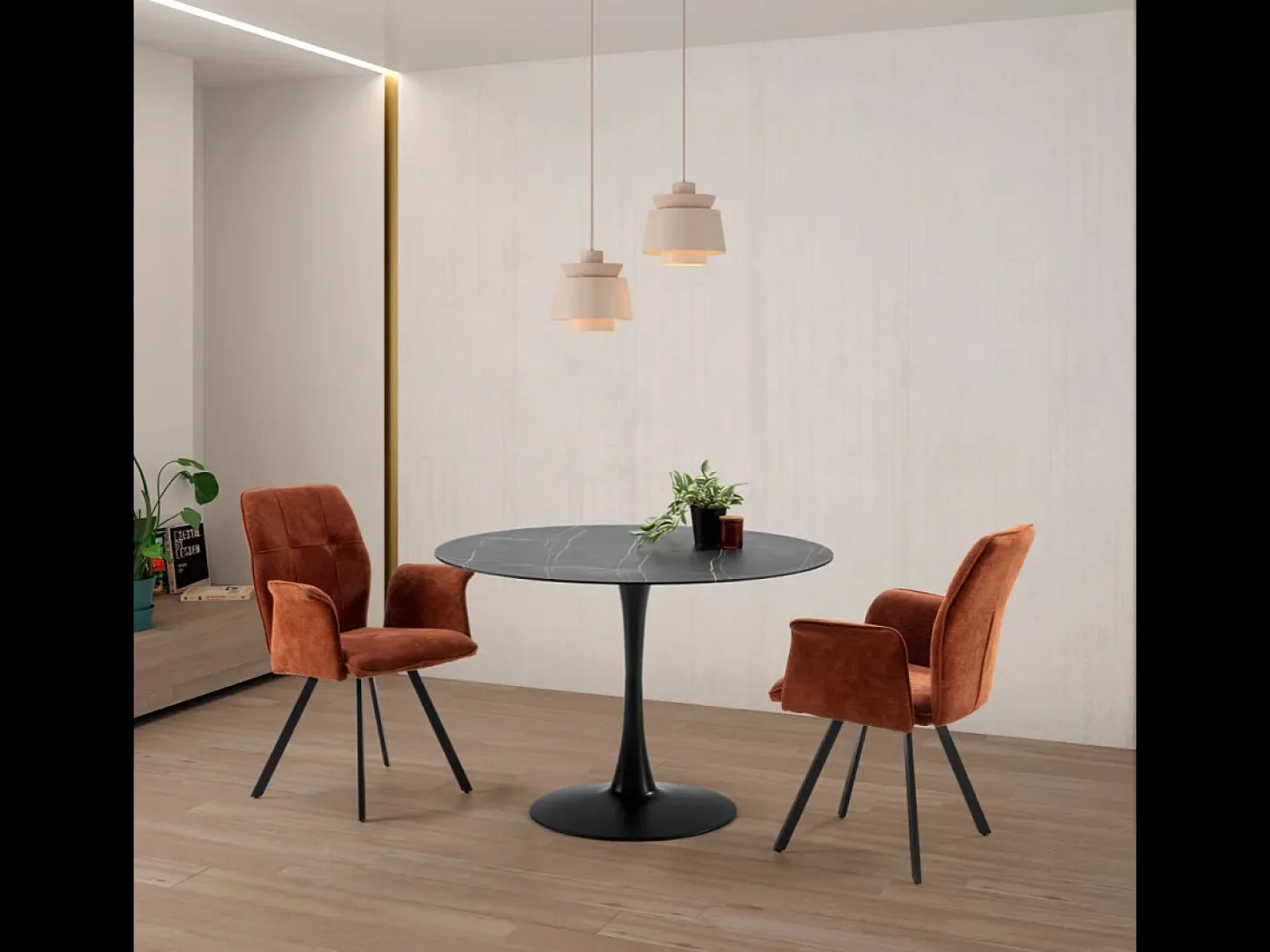 Table à manger ronde effet marbre noir 4 pers. 110 cm - Prima