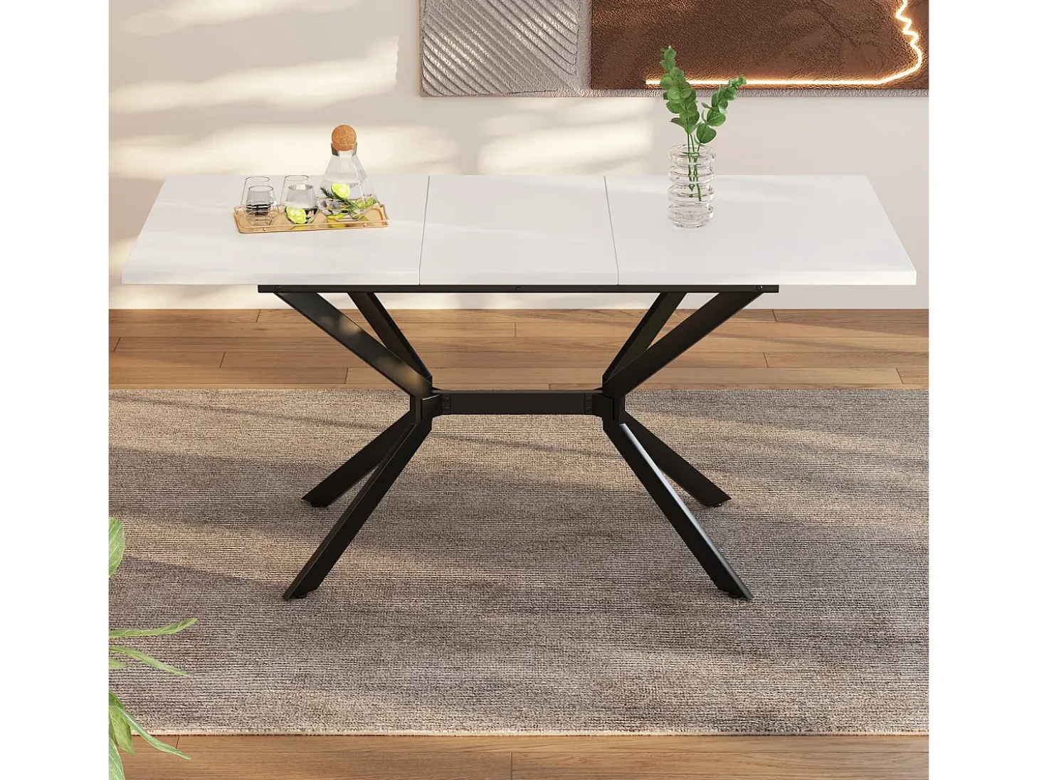Tablero de comedor extensible blanco 120/160 cm, 4 a 6 personas, en MDF y metal, mesa rectangular