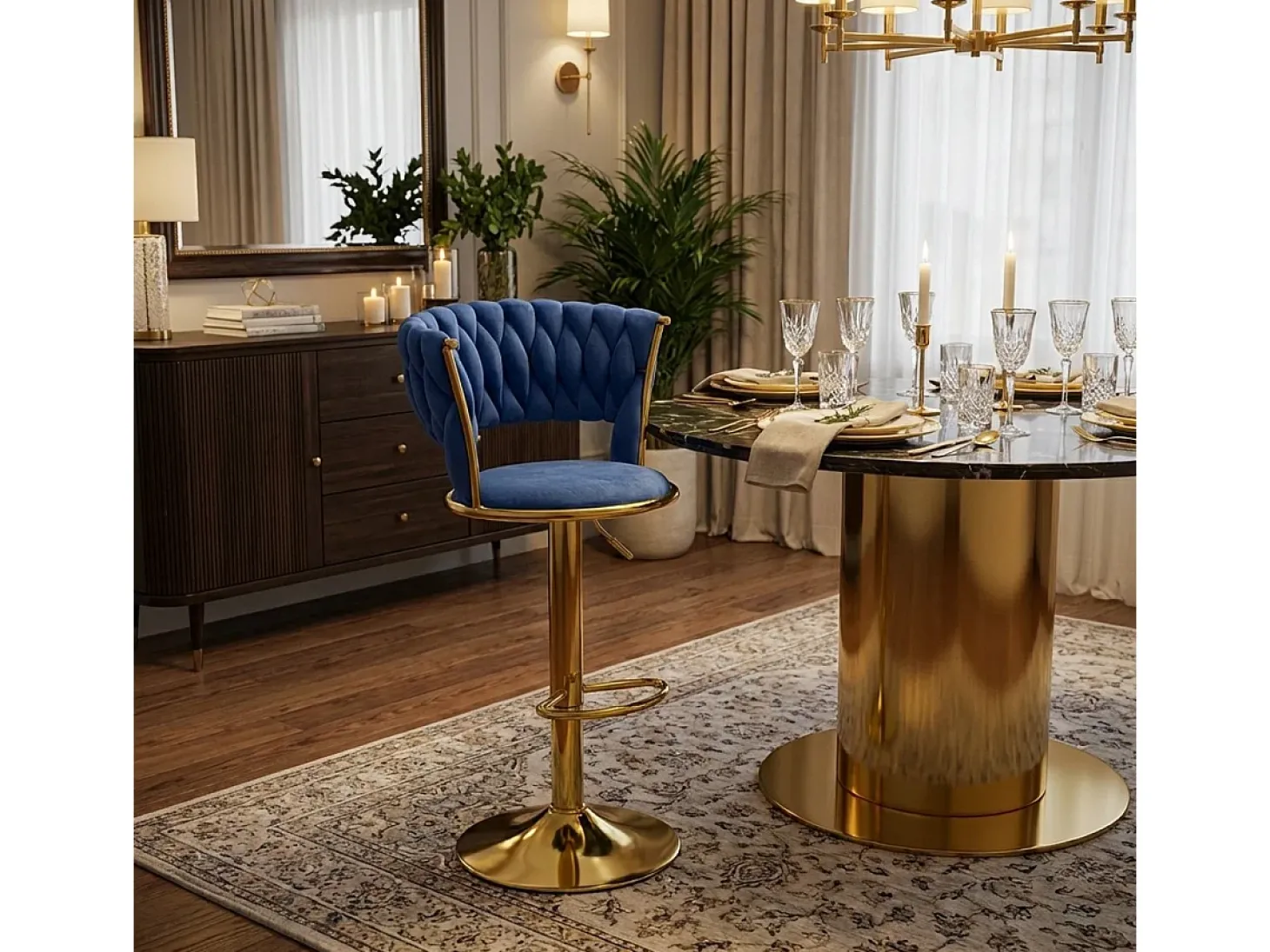 Taburete ajustable de metal dorado y terciopelo entrelazado Macaron - Azul Marino