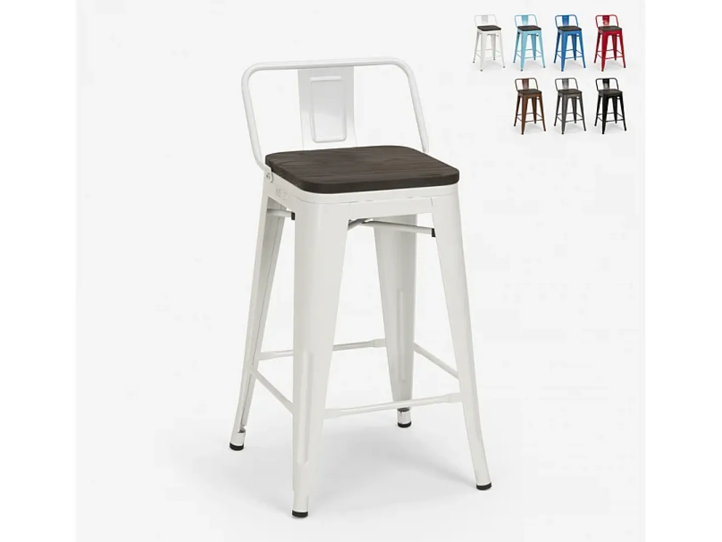 taburete alto de diseño industrial de metal y madera, para barra y cocina steel wood top - Blanco