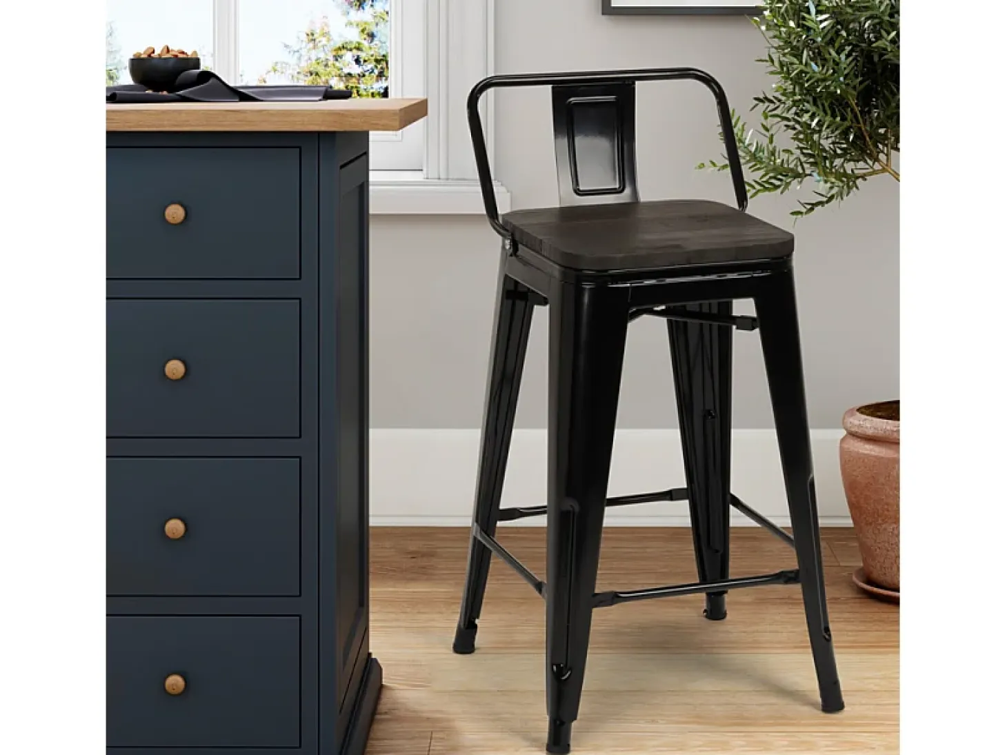 taburete alto de diseño industrial de metal y madera, para barra y cocina steel wood top - Negro