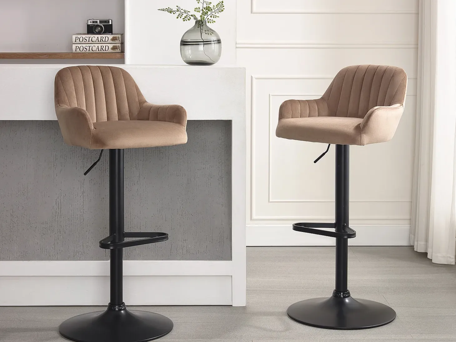 taburete alto de terciopelo y metal negro - Altura ajustable - Beige - ELEANA
