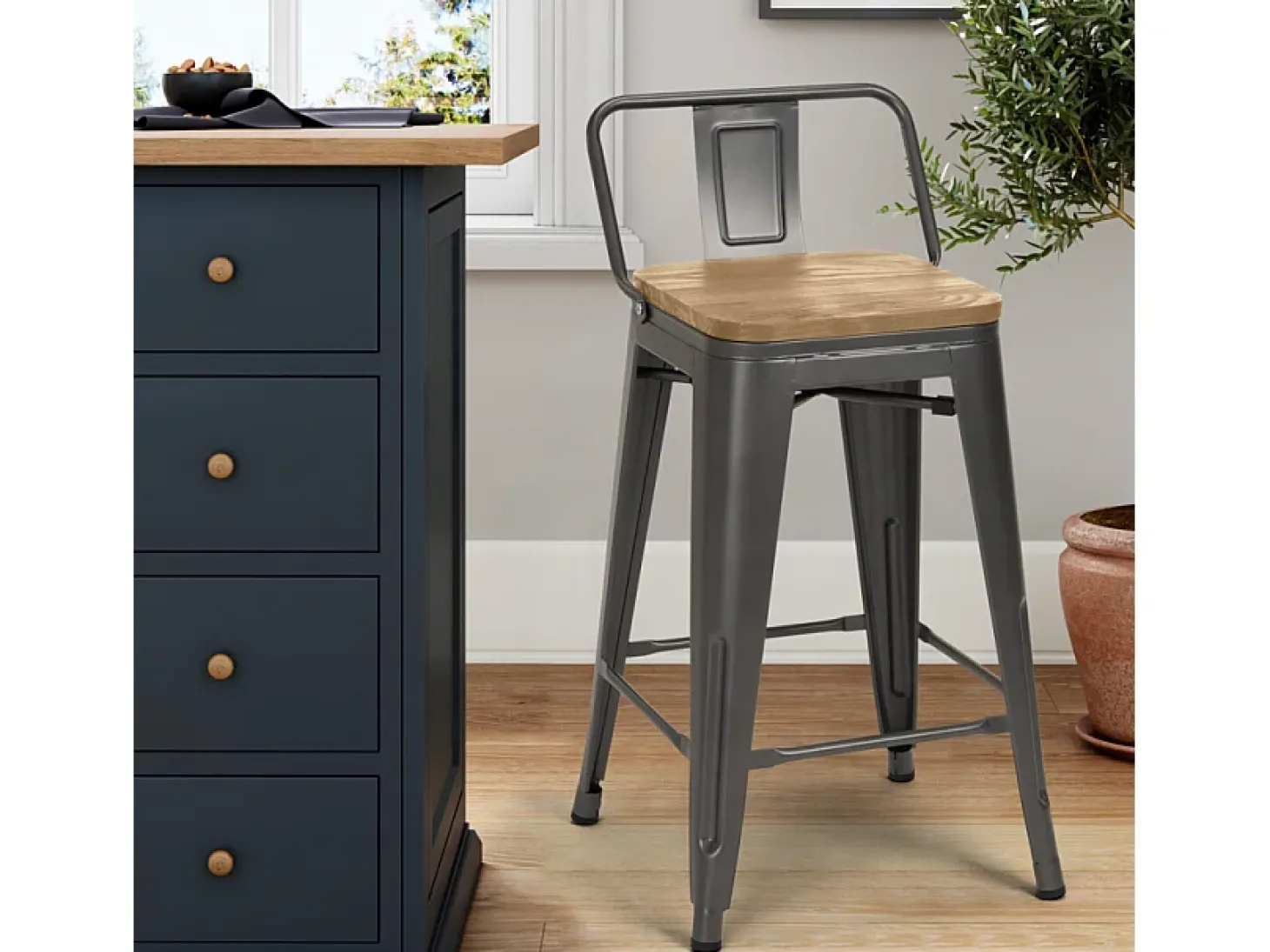 taburete alto estilo diseño industrial cocina bar steel wood top light - Gris Oscuro