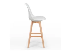 Taburete alto nórdico con cojín símil piel blanco y patas de haya clara Tula 76 cm
