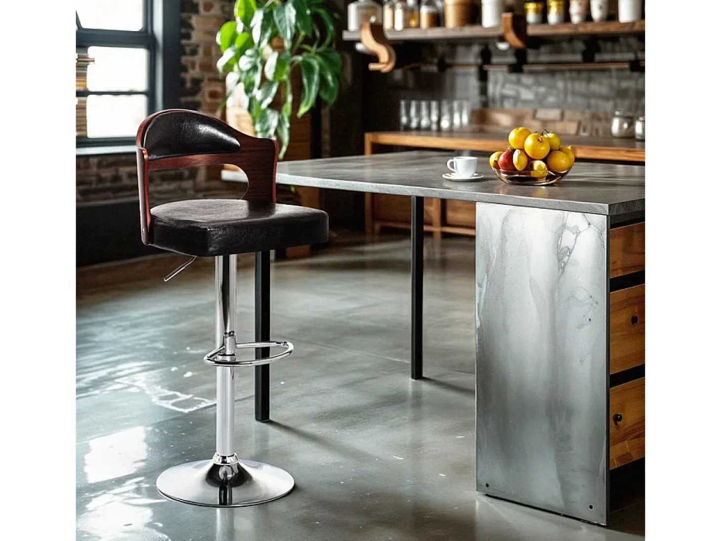 Taburete alto para cocina y bar giratorio de madera y polipiel negra Soru