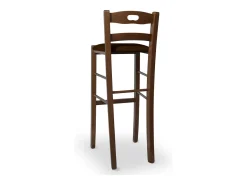Taburete de 80 cm de altura en madera de nogal oscuro con asiento acolchado en piel sintética marrón.