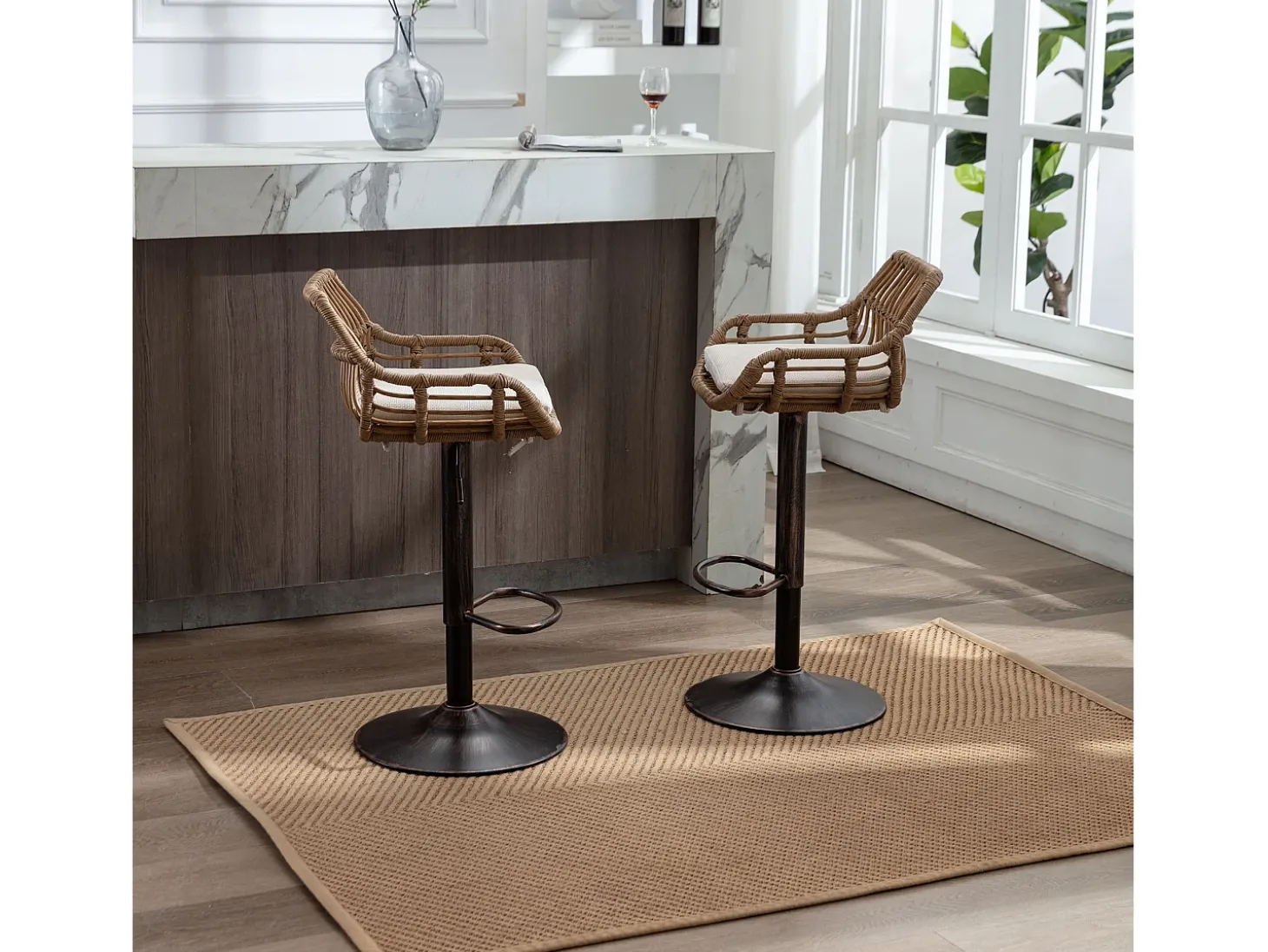 Taburete de bar ajustable, juego de 2, con reposapiés, lino, beige (49 x 48 x 89 cm)