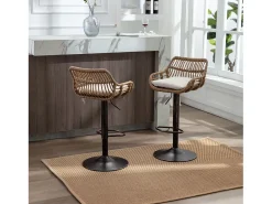 Taburete de bar ajustable, juego de 2, con reposapiés, lino, beige (49 x 48 x 89 cm)