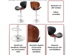 Taburete de bar Arklow, aspecto nogal, imitación cuero negro