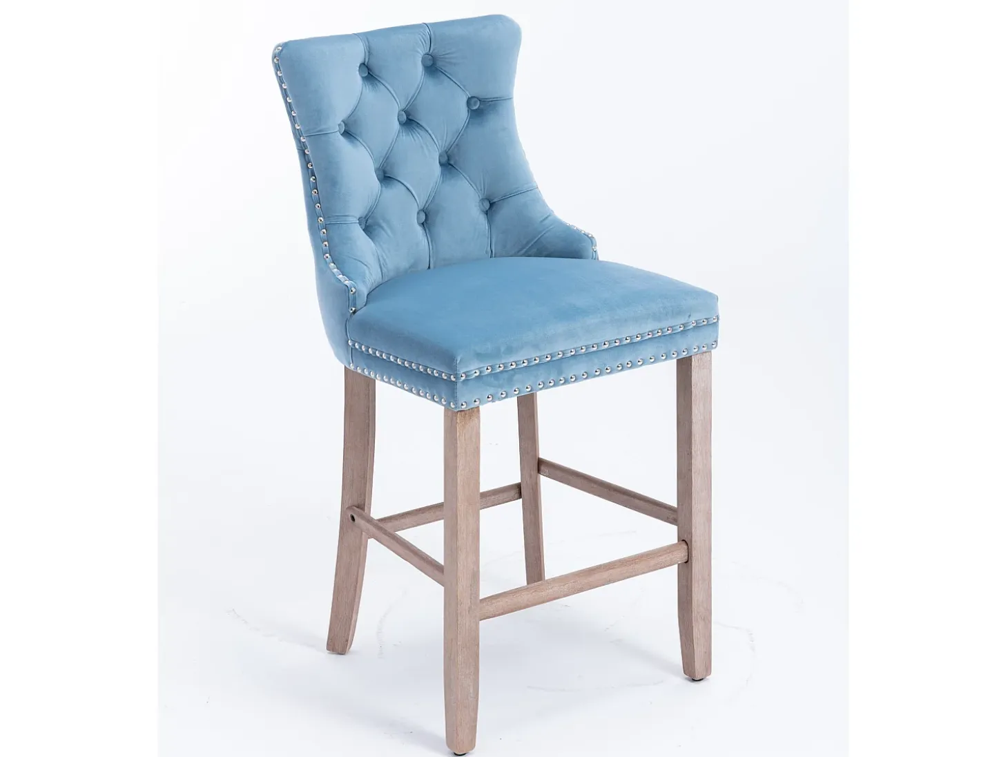 Taburete de bar contemporáneo, tapizado, madera maciza, base de madera, remaches cromados, terciopelo, azul claro (60x50x103 cm)