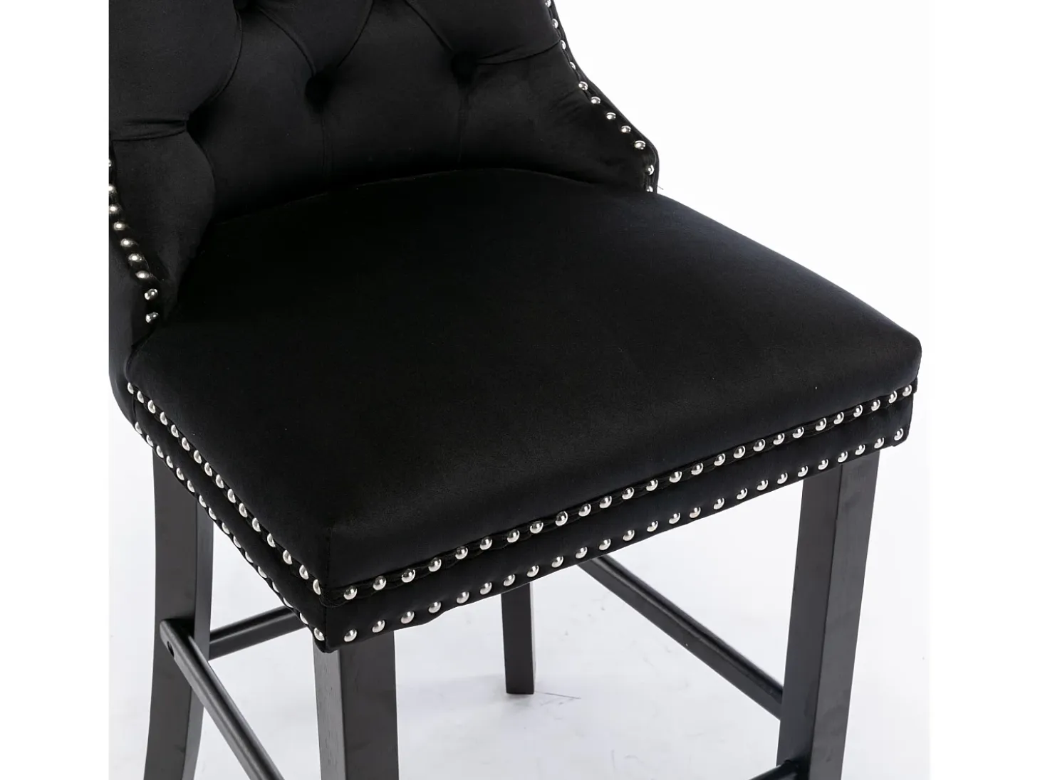Taburete de bar contemporáneo, tapizado, madera maciza, base de madera, remaches cromados, terciopelo, negro (60x50x103 cm)