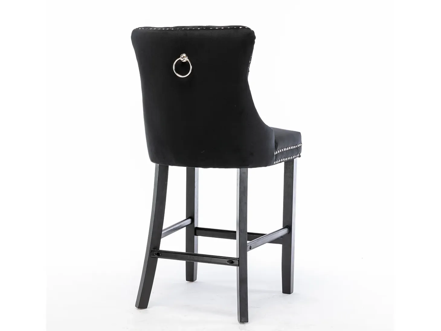 Taburete de bar contemporáneo, tapizado, madera maciza, base de madera, remaches cromados, terciopelo, negro (60x50x103 cm)