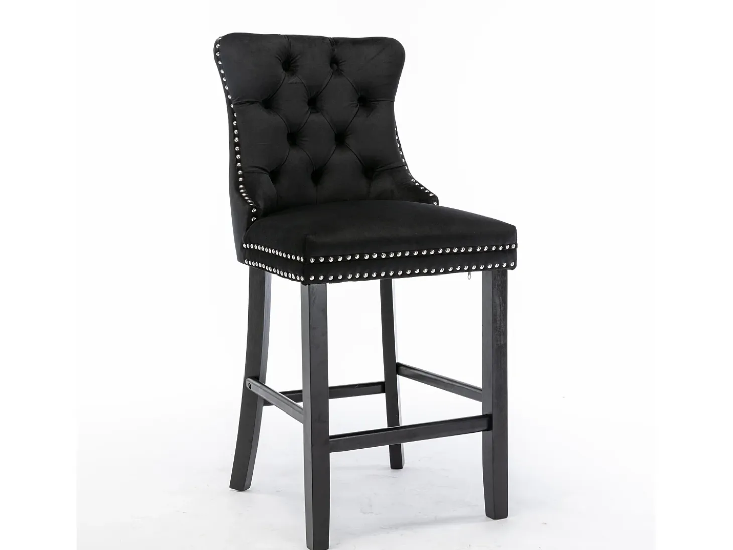 Taburete de bar contemporáneo, tapizado, madera maciza, base de madera, remaches cromados, terciopelo, negro (60x50x103 cm)