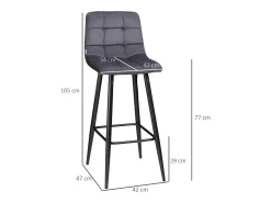 Taburete de bar de 2 piezas, diseño moderno, tela de terciopelo, patas de acero, gris (42x47x105 cm)