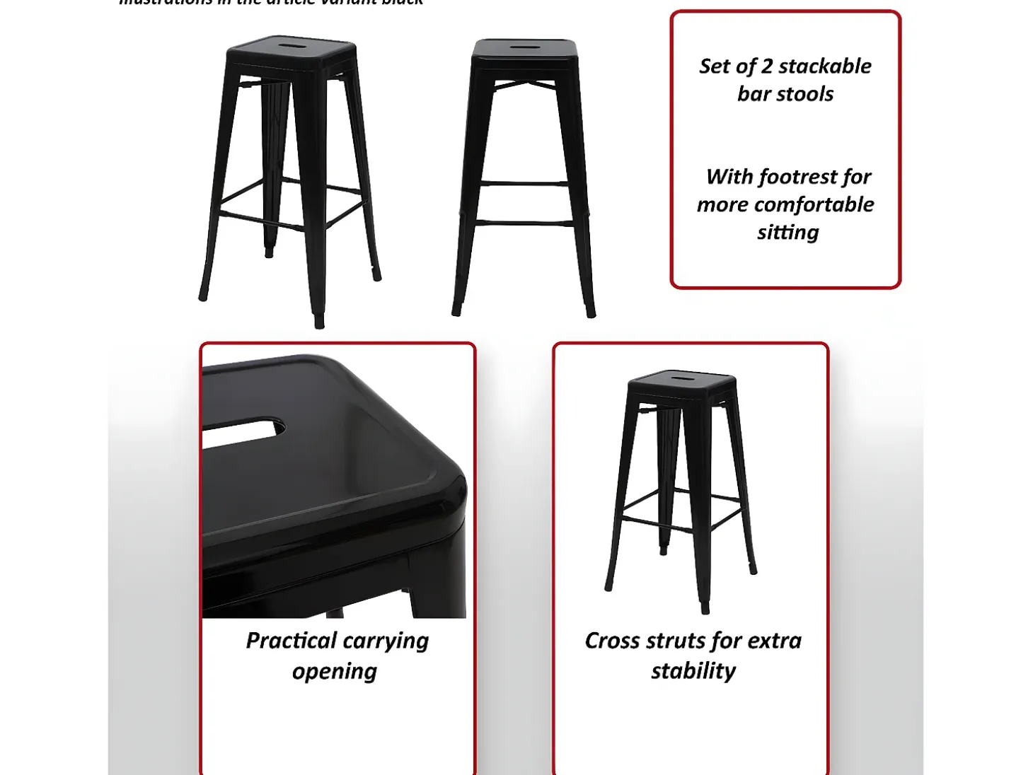 Taburete de bar MCW-A73 (set de 2), negro