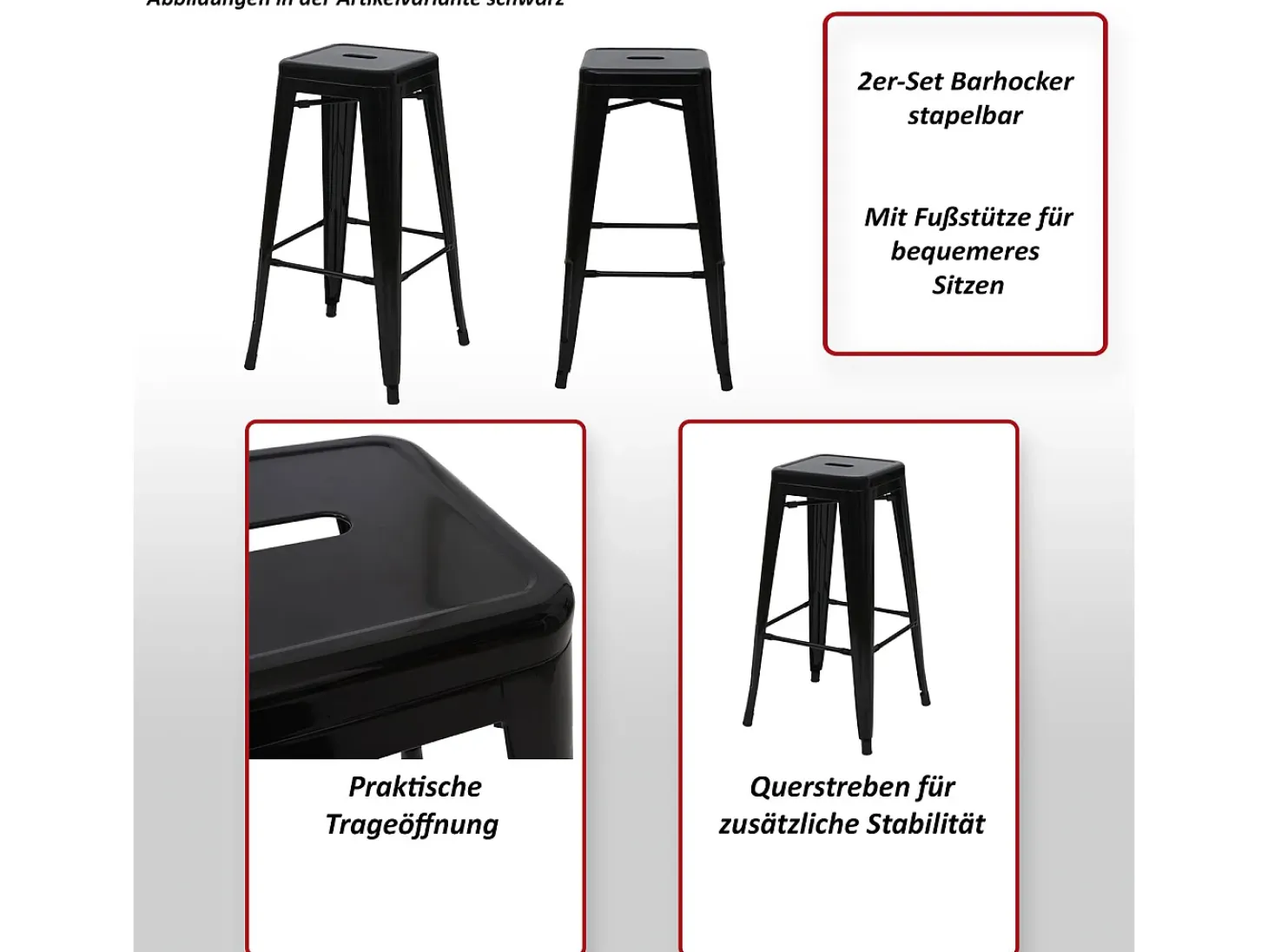 Taburete de bar MCW-A73 (set de 2), negro