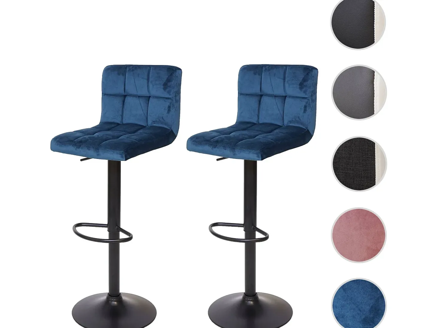 Taburete de bar MCW-G87 (juego de 2), terciopelo azul petróleo, base negra