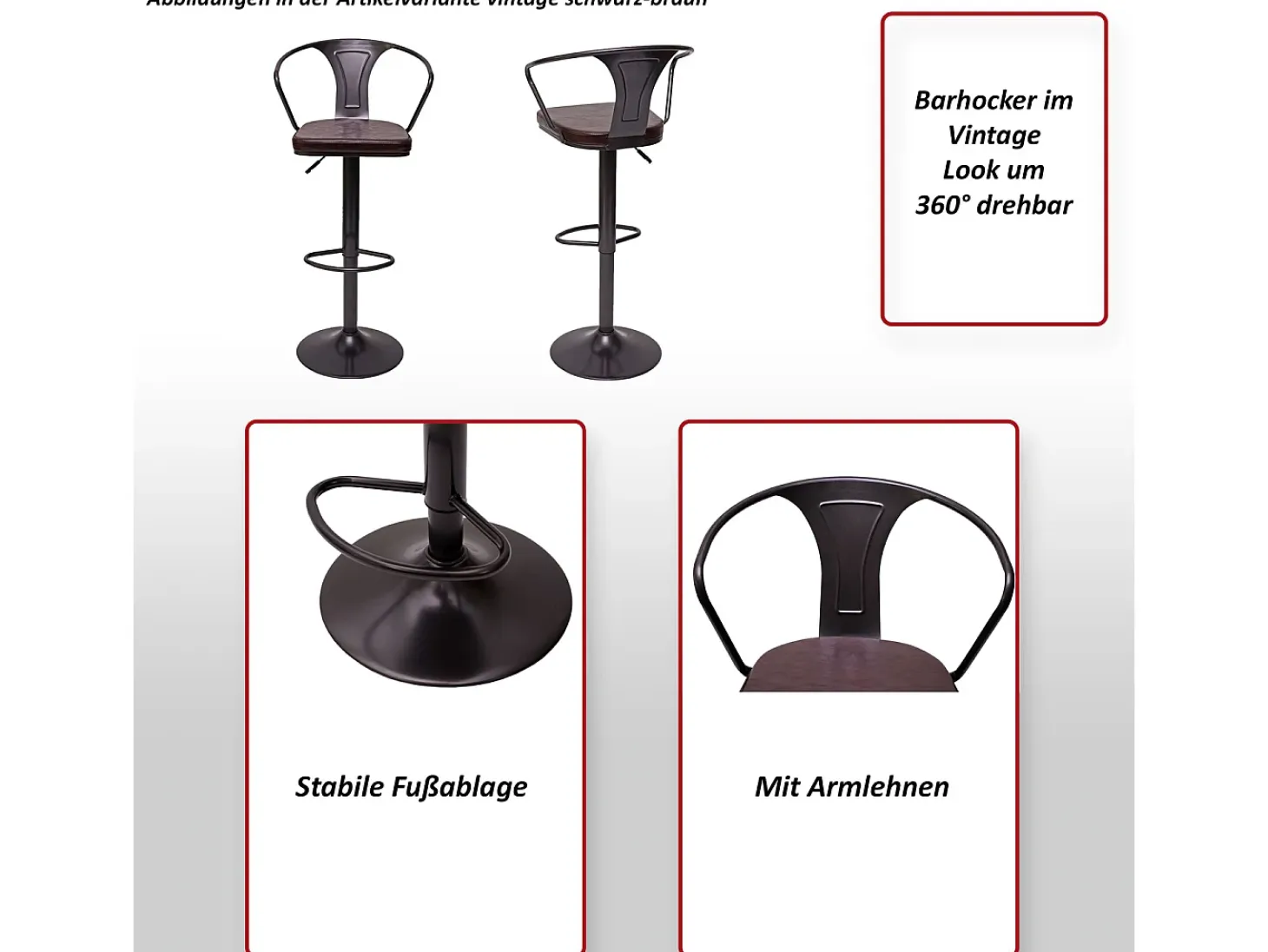 Taburete de bar MCW-H10b (juego de 2), vintage negro-marrón