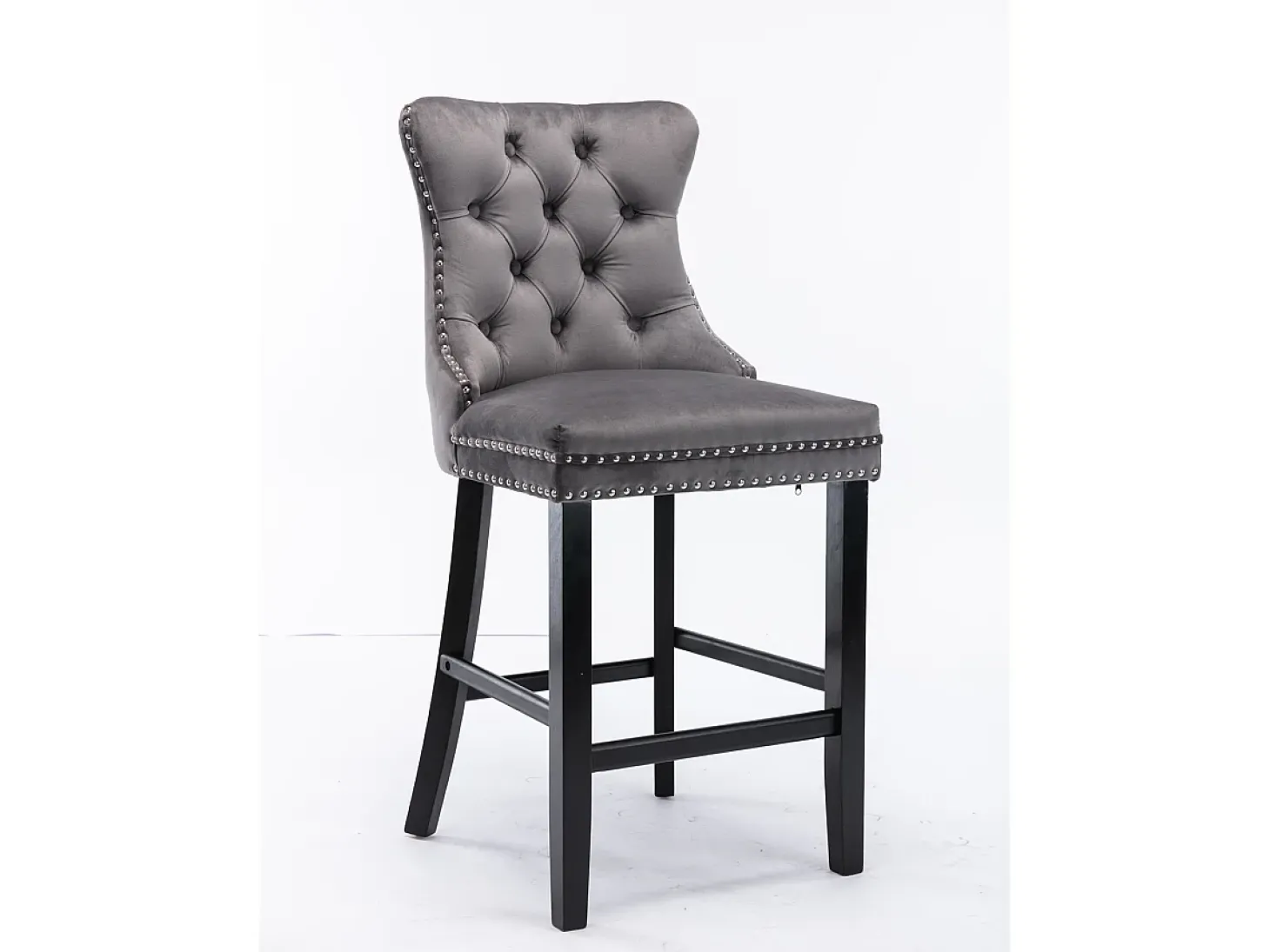 Taburete de bar moderno de terciopelo, patas de madera maciza, tachuelas cromadas, gris (60x50x66 cm)