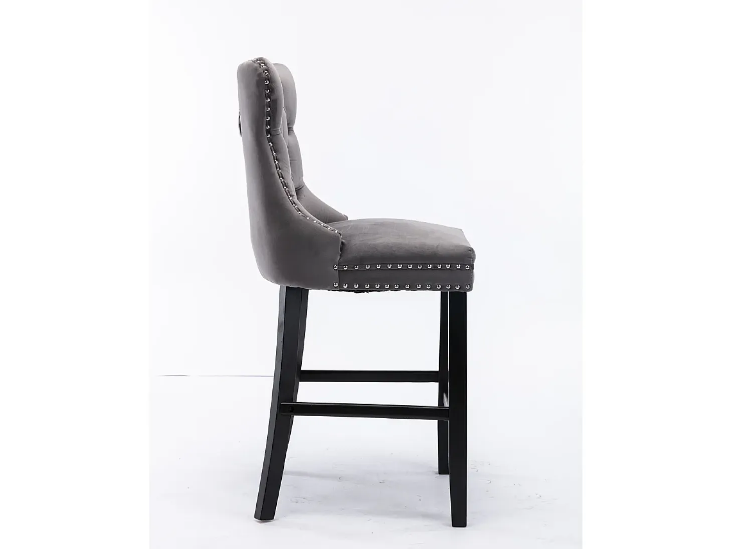 Taburete de bar moderno de terciopelo, patas de madera maciza, tachuelas cromadas, gris (60x50x66 cm)