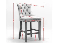 Taburete de bar moderno de terciopelo, patas de madera maciza, tachuelas cromadas, gris (60x50x66 cm)