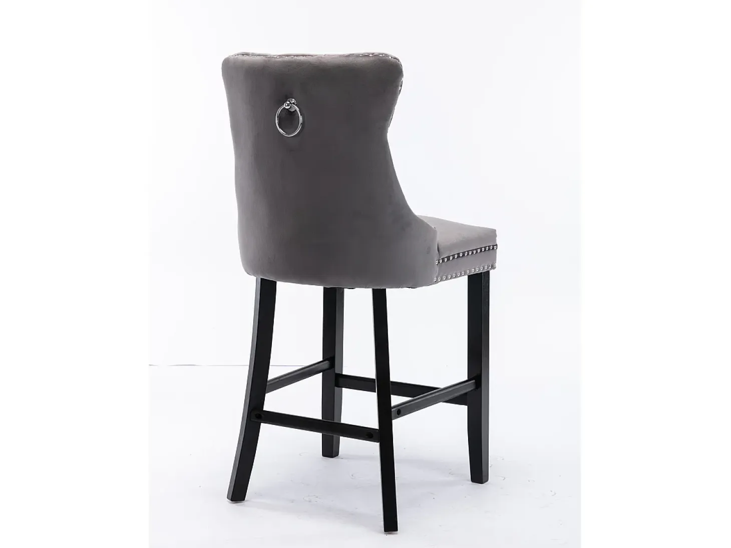 Taburete de bar moderno de terciopelo, patas de madera maciza, tachuelas cromadas, gris (60x50x66 cm)