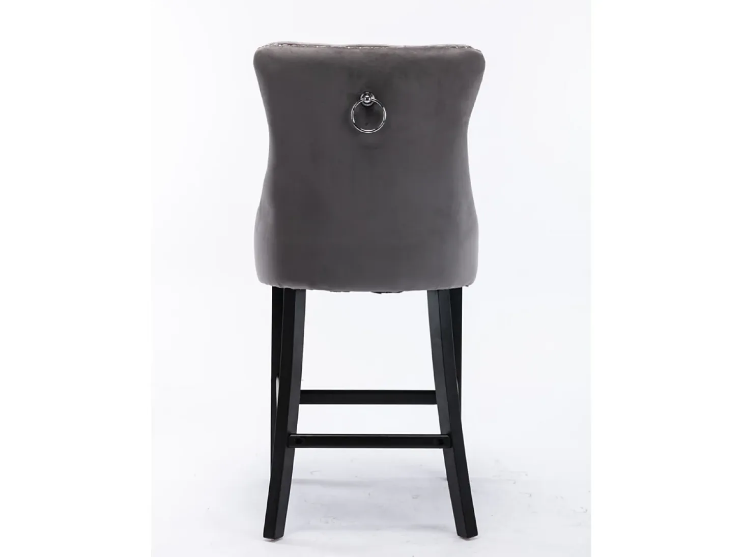 Taburete de bar moderno de terciopelo, patas de madera maciza, tachuelas cromadas, gris (60x50x66 cm)