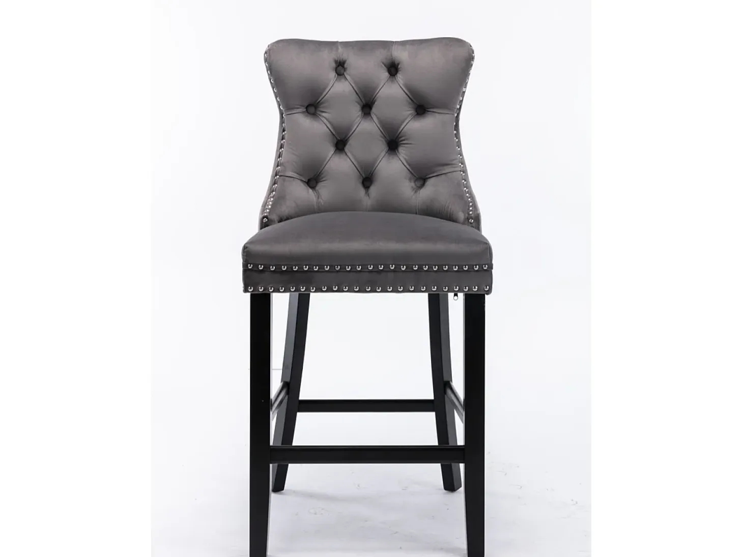 Taburete de bar moderno de terciopelo, patas de madera maciza, tachuelas cromadas, gris (60x50x66 cm)