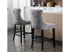 Taburete de bar moderno de terciopelo, patas de madera maciza, tachuelas cromadas, gris (60x50x66 cm)