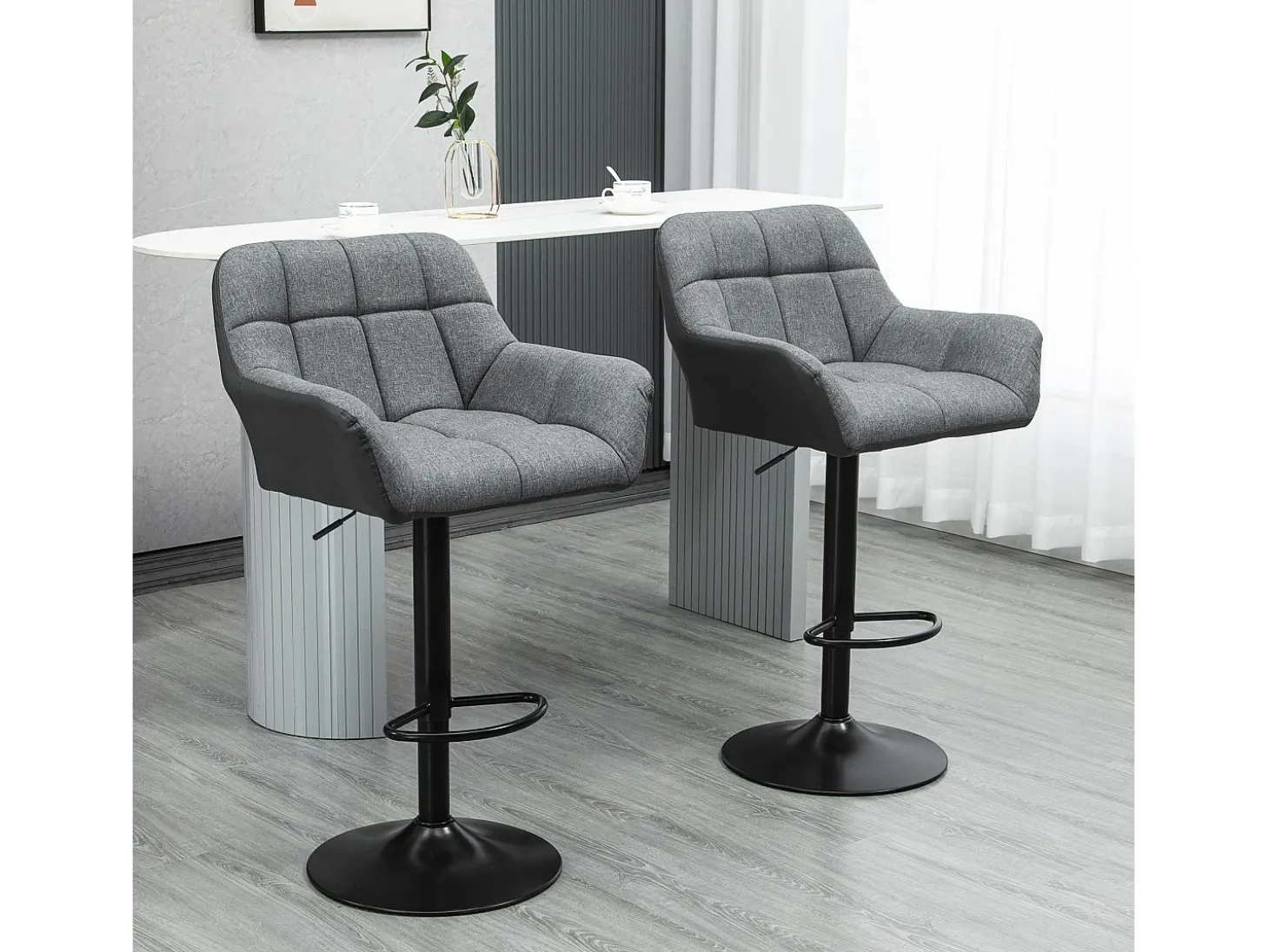 Taburete de bar regulable de 2 piezas con respaldo y reposapiés, rotación de 360°, en lino sintético, gris (57,5x52,5x93-114 cm)
