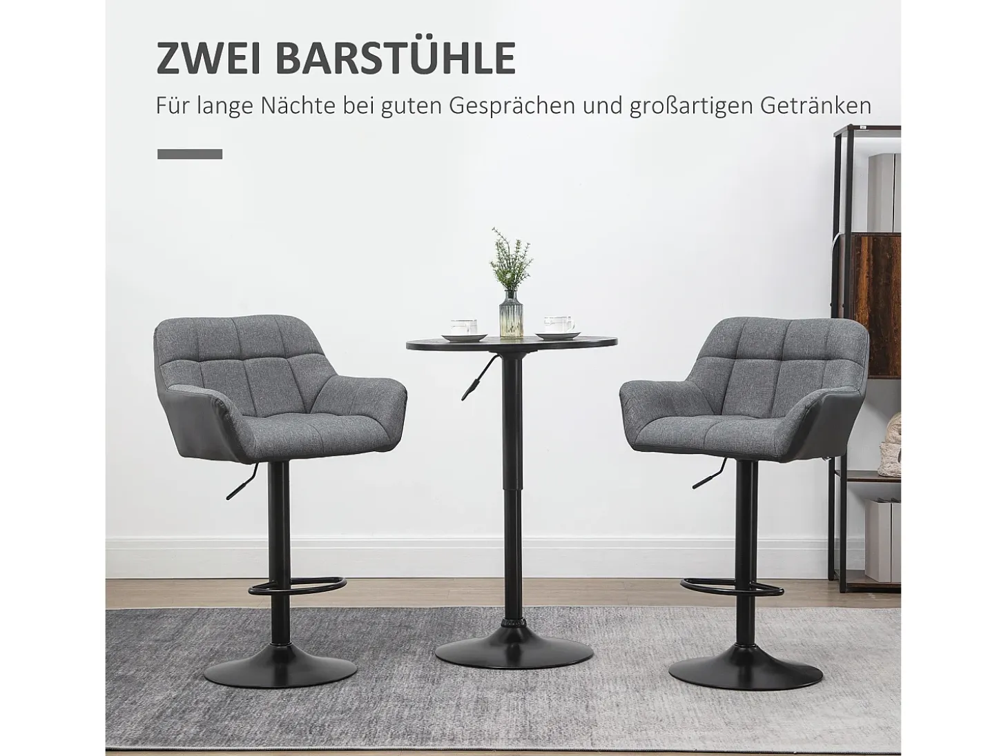 Taburete de bar regulable de 2 piezas con respaldo y reposapiés, rotación de 360°, en lino sintético, gris (57,5x52,5x93-114 cm)