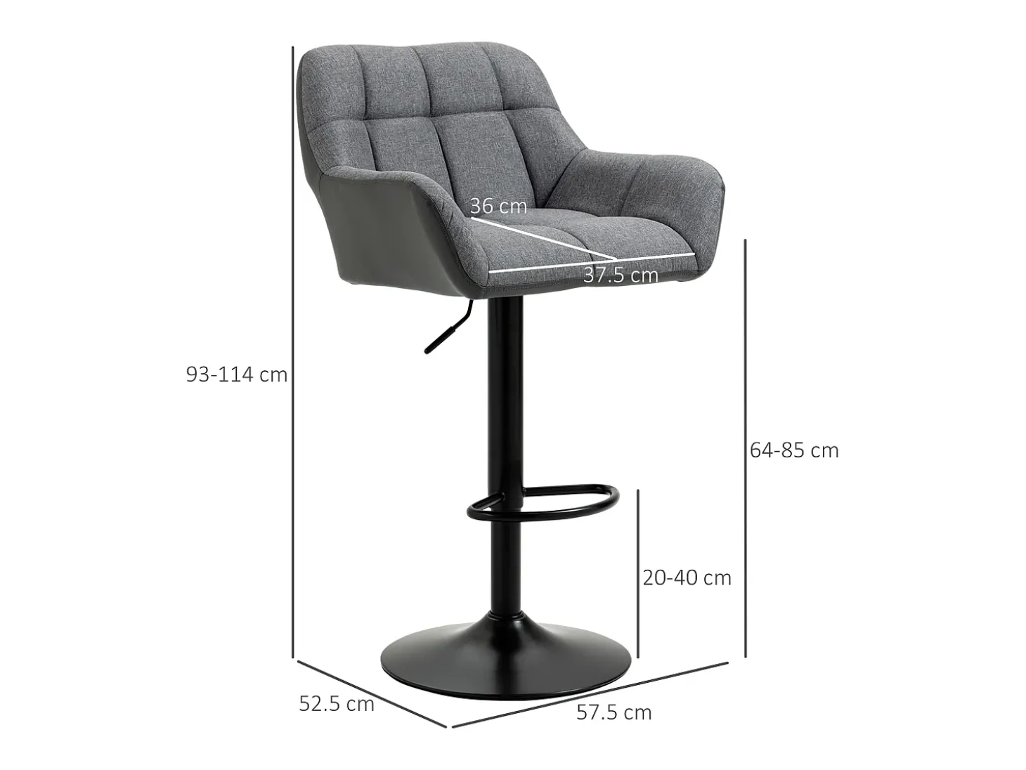 Taburete de bar regulable de 2 piezas con respaldo y reposapiés, rotación de 360°, en lino sintético, gris (57,5x52,5x93-114 cm)