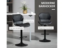 Taburete de bar, regulable en altura, con respaldo, piel sintética, color negro (48,5x55,5x90-110 cm)