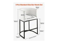 Taburete de Bar SucceBuy, Lote de 3, Silla de Bar en Tela, 63.5 cm Alto, Asiento de Cocina con Respaldo, Reposabrazos, Estructura en Metal Y Reposapiés, Blanco