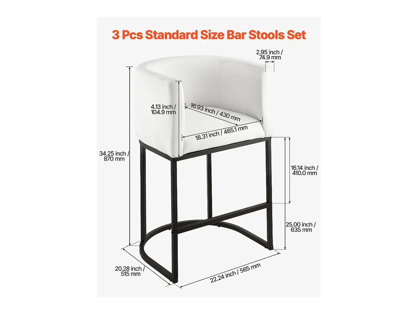 Taburete de Bar SucceBuy, Lote de 3, Silla de Bar en Tela, 63.5 cm Alto, Asiento de Cocina con Respaldo, Reposabrazos, Estructura en Metal Y Reposapiés, Blanco