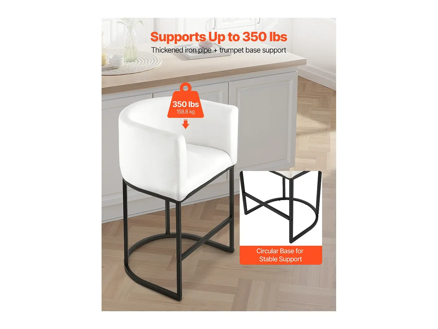 Taburete de Bar SucceBuy, Lote de 3, Silla de Bar en Tela, 63.5 cm Alto, Asiento de Cocina con Respaldo, Reposabrazos, Estructura en Metal Y Reposapiés, Blanco