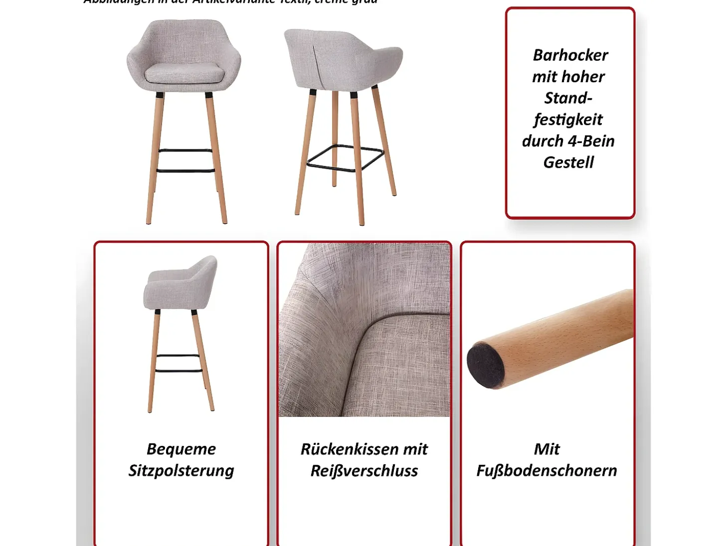 Taburete de bar Vaasa T381 (set de 2), textil, gris oscuro